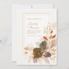 Convite Forest Green Gold Line Autumnal Leaf Wedding