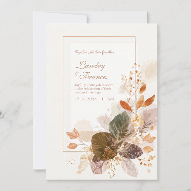 Convite Forest Green Gold Line Autumnal Leaf Wedding (Frente)