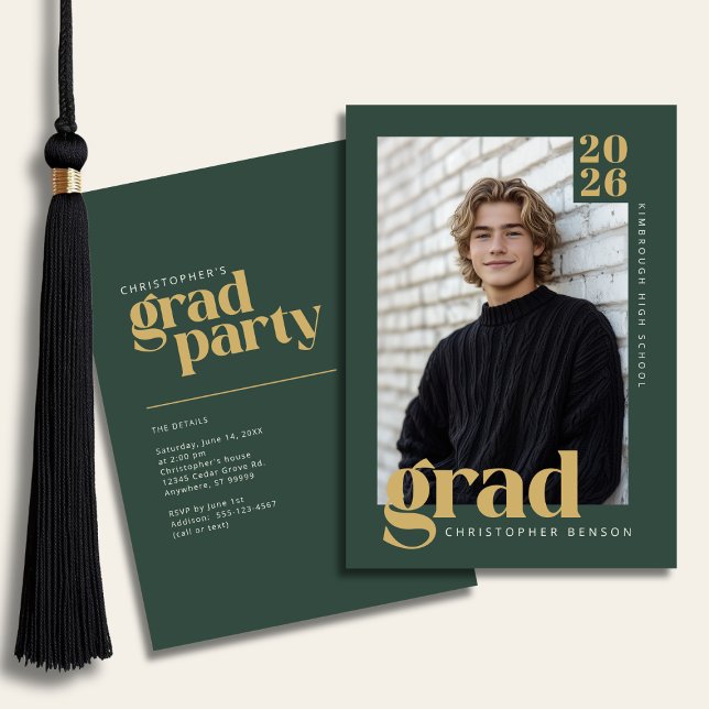 Convite Forest Green Gold Modern Photo Graduation Party (Criador carregado)