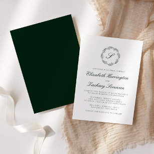Convite Forest Green Monogram Wreath Script Invitation
