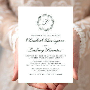 Convite Forest Green Monogram Wreath Script Invitation