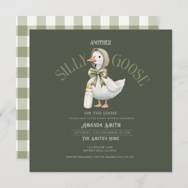 Convite Forest Green Silly Goose neutral  Baby Shower  (Frente/Verso)