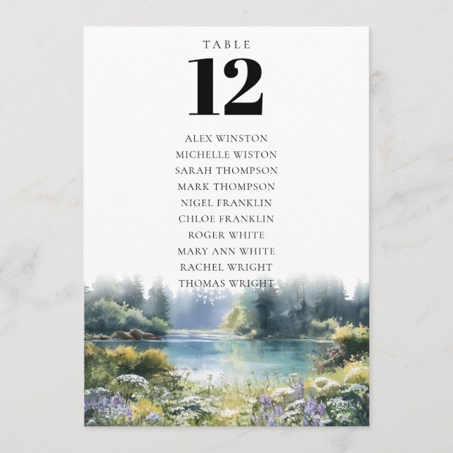 Convite Forest Lakeside Floral Table Number Seating Chart (Frente)