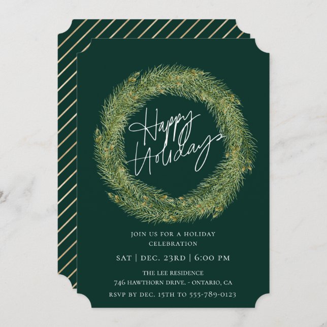 Convite Forest Pine Wreath Emerald Holiday Party (Frente/Verso)
