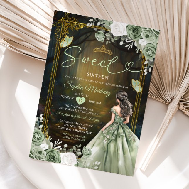 Convite Forest Sage Green Princess Quinceañera (Criador carregado)