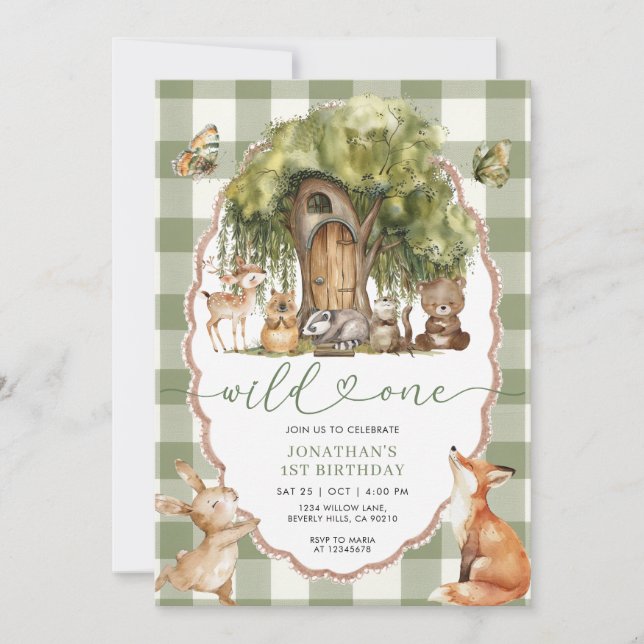 Convite Forest Wild One First Birthday Woodland Animals (Frente)