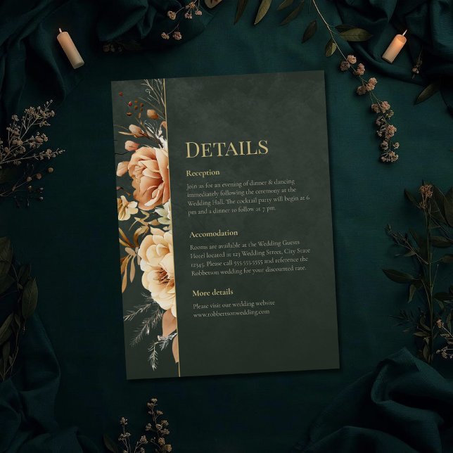 Convite Forest Witch Green Floral Wedding Details Card (Forest Witch Green Floral Wedding Details Card on a dark green witchy wedding table with botanicals)