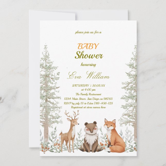 Convite Forest Woodland Animals Baby Shower Invitation (Frente)