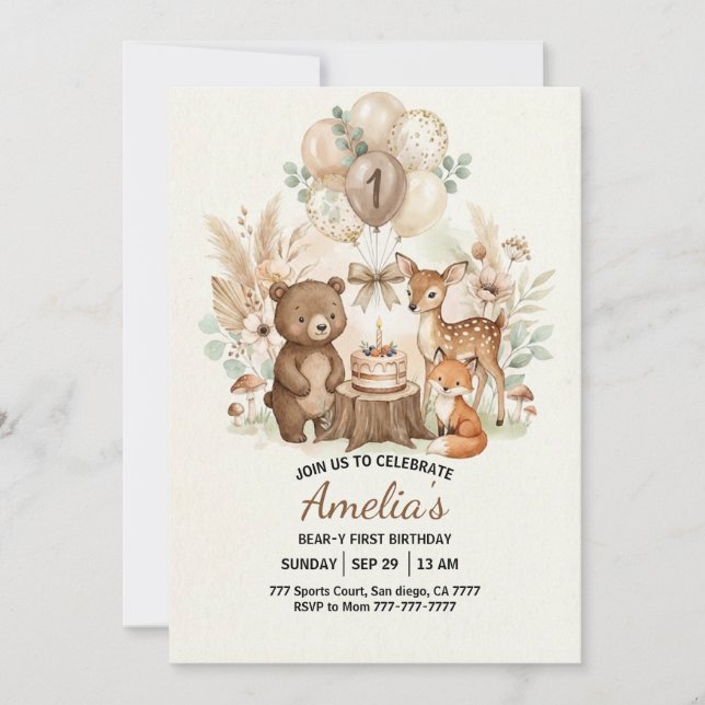 Convite Forest Woodland Animals Wild One Birthday (Frente)