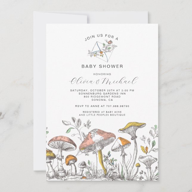 Convite Forest Woodland Mushrooms Baby Shower (Frente)