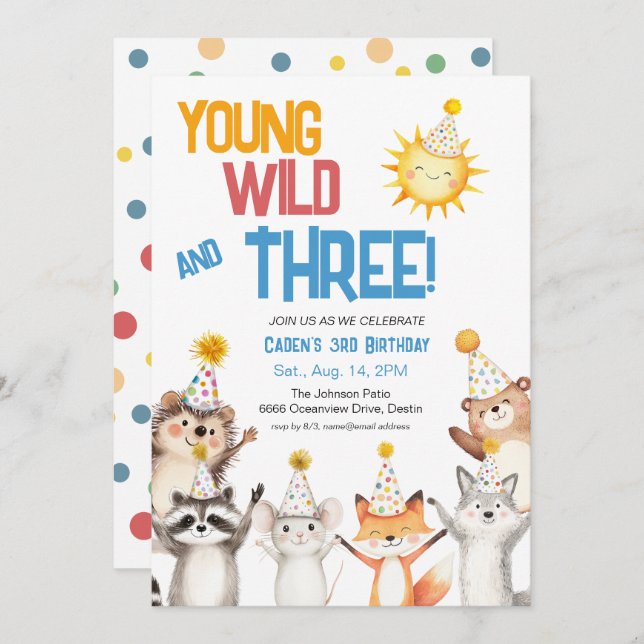 Convite Forest Zoo Animals Party Hats 3rd Birthday (Frente/Verso)