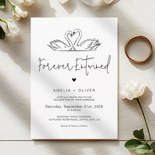 Convite Forever Entwined Minimalist Script Swans Wedding (Criador carregado)