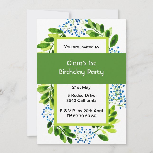Convite Forget-me-not blue flower 1st Birthday Green Party (Frente)