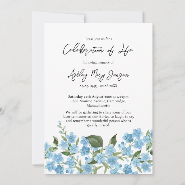 Convite Forget me not Celebration of Life Photo Funeral  (Verso)