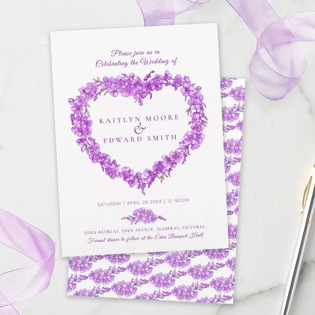 Convite Forget-me-not heart art wedding purple white (Criador carregado)