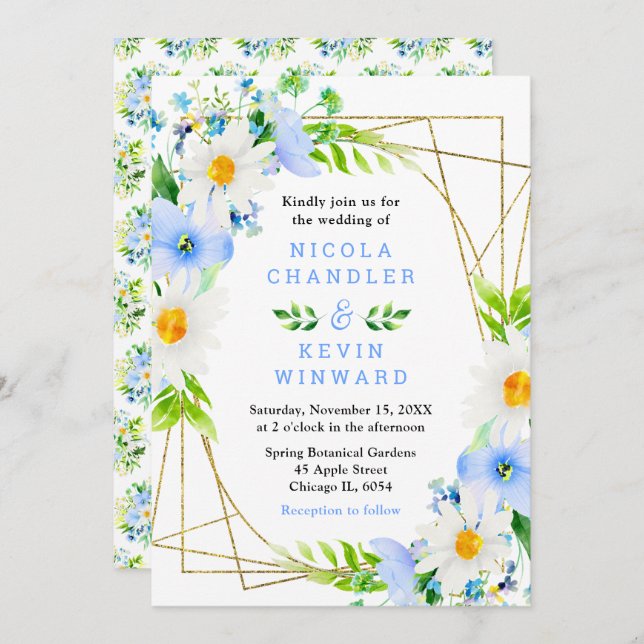 Convite Forget Me Nots and Daisies Wedding (Frente/Verso)