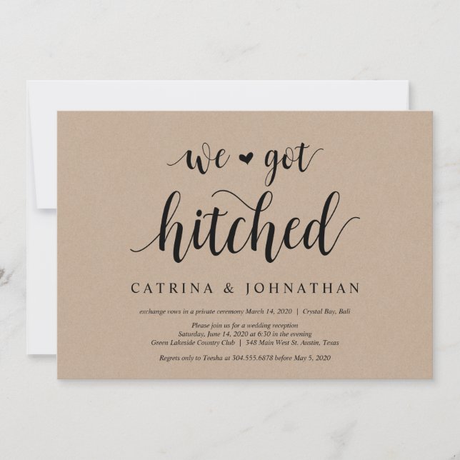 Convite Fôrma Rústica Kraft, letra preta, Casamento fuga (Frente)