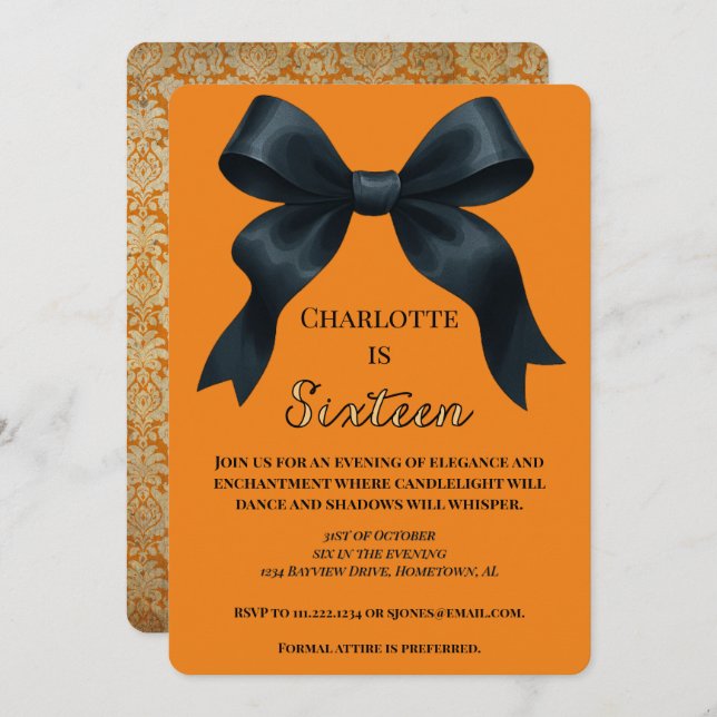 Convite Formal Bow Halloween Birthday Invite - Orange (Frente/Verso)