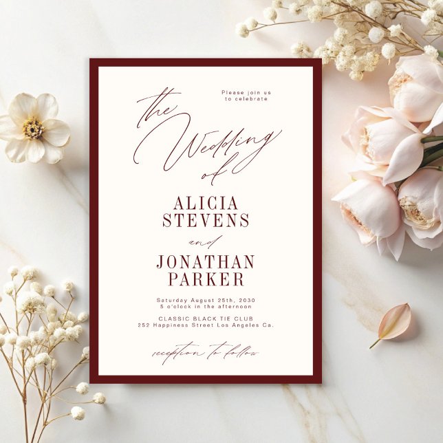 Convite Formal burgundy ivory classic typography wedding (Criador carregado)