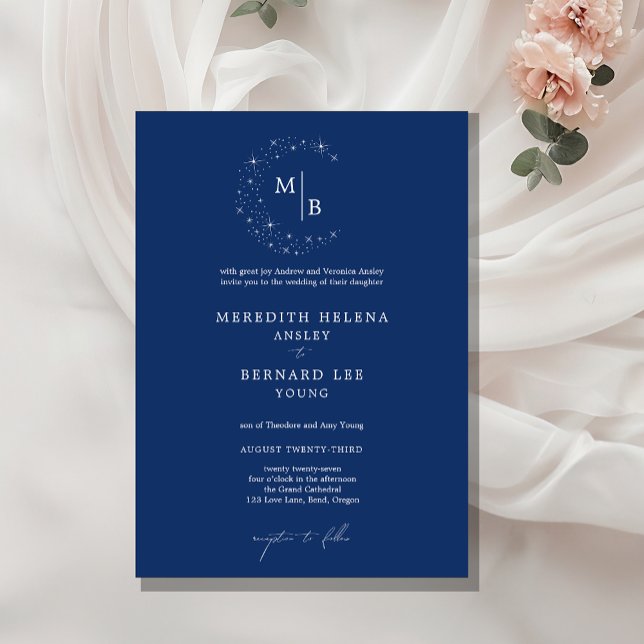 Convite Formal Celestial Elegant Blue Monogram Wedding (Criador carregado)