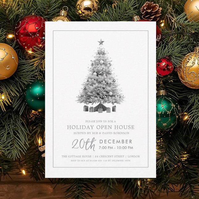 Convite Formal Christmas Holiday Open House Silver Tree  (Formal Christmas Holiday Open House Silver Tree Invitation)