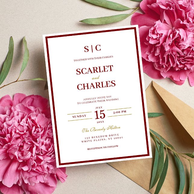 Convite Formal Classic Burgundy & Gold Monogram Wedding (Burgundy and gold monogram wedding invitation sets a refined tone for your special day.)