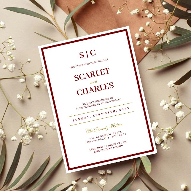 Convite Formal Classic Burgundy & Gold Monogram Wedding (Burgundy and gold monogram wedding invitation sets an elegant tone for your special day.)