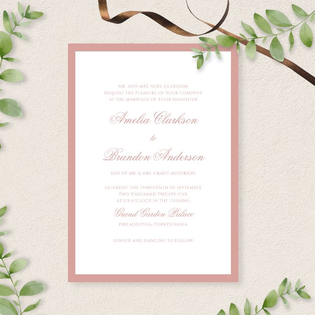 Convite Formal Classic Dusty Rose Border Script Wedding (Criador carregado)