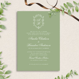 Convite Formal Classic Sage Green Monogram Crest Wedding