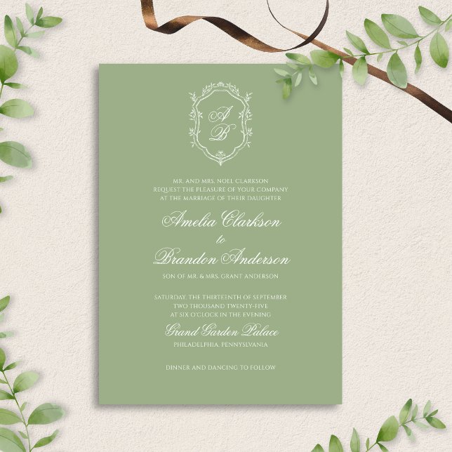 Convite Formal Classic Sage Green Monogram Crest Wedding (Criador carregado)