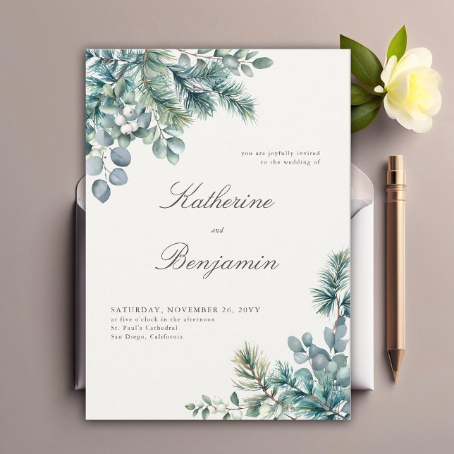 Convite Formal Clássico De Inverno Botânico Elegante Casam (winter botanical elegant wedding invitation formal traditional modern classic simple foliage frame)
