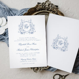 Convite Formal Crista Floral Azul Monograma Casamento Eleg