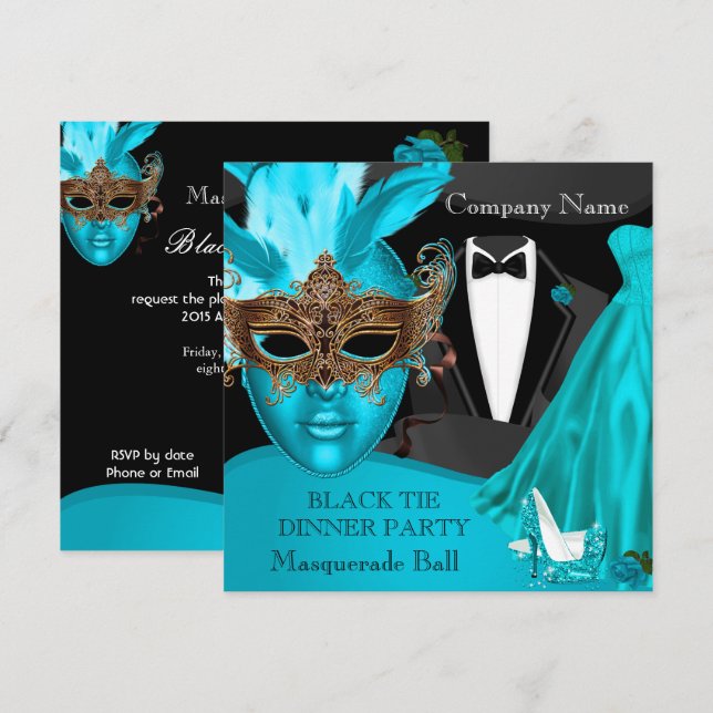 Convite Formal da mascarada Ball Teal Black Tie (Frente/Verso)