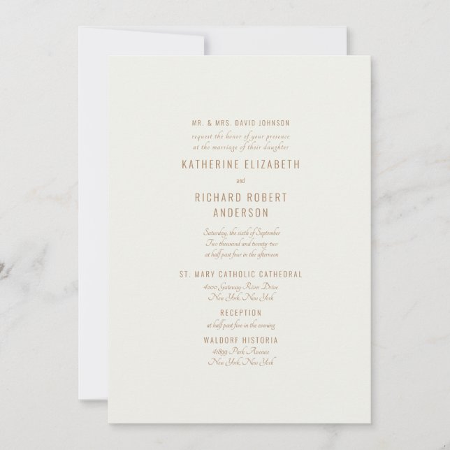 Convite Formal de Casamento Creme. Pais da Noiva L (Frente)