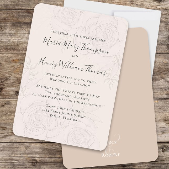Convite Formal de Casamento Floral de Blush Elegante (Blush floral wedding invitation with a nude beige back.)