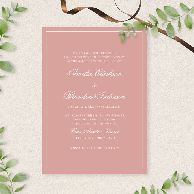 Convite Formal Dusty Rose & White Border Script Wedding (Criador carregado)