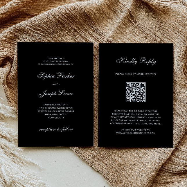 Convite Formal e Clássico | Casamento Preto RSVP Código QR (Criador carregado)