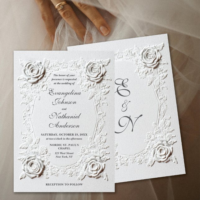 Convite Formal Elegant Script Faux Embossed Roses Wedding  (Criador carregado)