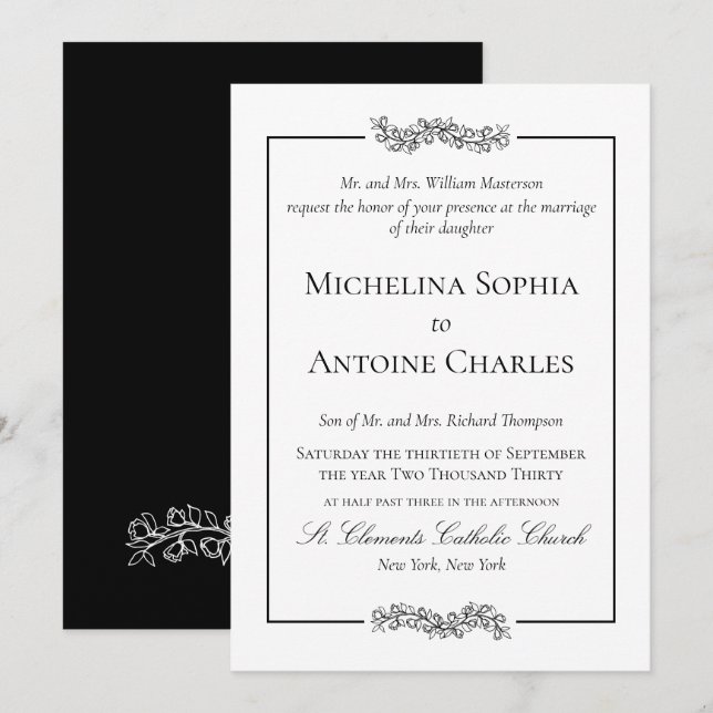Convite Formal Elegante Preto e Branco | Casamento (Frente/Verso)