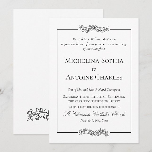 Convite Formal Elegante Preto e Branco | Casamento (Frente/Verso)