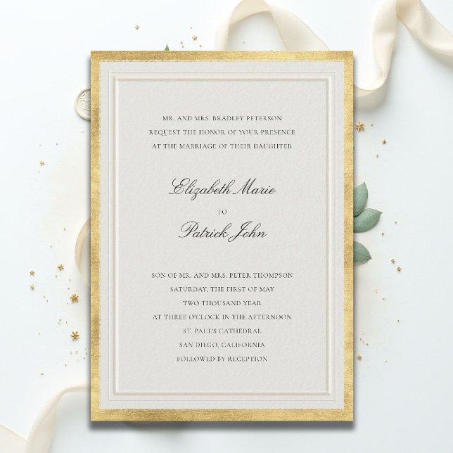 Convite Formal Elevated Golden Ecru Modern Classic Wedding (formal traditional wedding invitation modern classic double frame ballroom gold ecru black white)