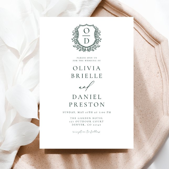 Convite Formal Emerald Green Leafy Crest Monograma Casamen (Criador carregado)