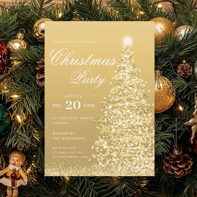 Convite Formal Gold Winter Christmas Tree Holiday Party  (Formal Gold Winter Christmas Tree Holiday Party Invitation)