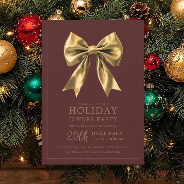 Convite Formal Holiday Dinner Party Gold Satin Bow Marsala (Formal Holiday Dinner Party Gold Satin Bow Marsala Invitation)