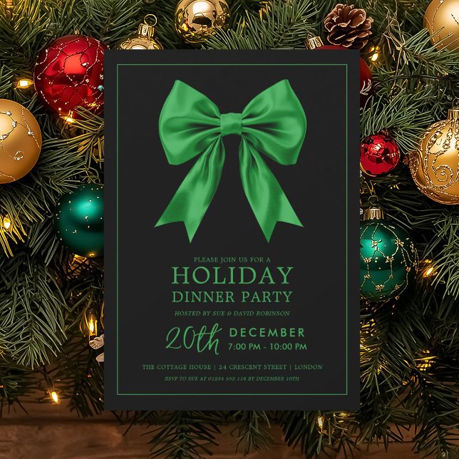 Convite Formal Holiday Dinner Party Green Satin Bow Black  (Formal Holiday Dinner Party Green Satin Bow Black Invitation)