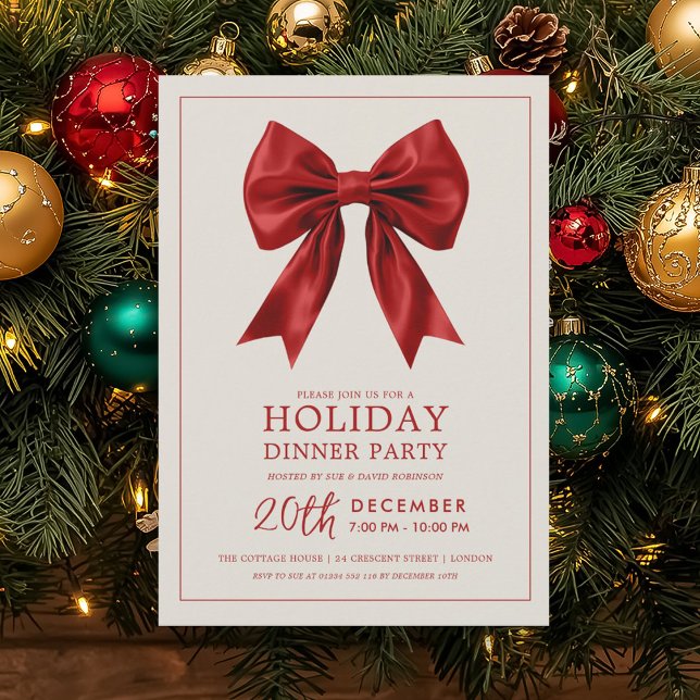 Convite Formal Holiday Dinner Party Red Satin Bow (Formal Holiday Dinner Party Red Satin Bow Invitation)