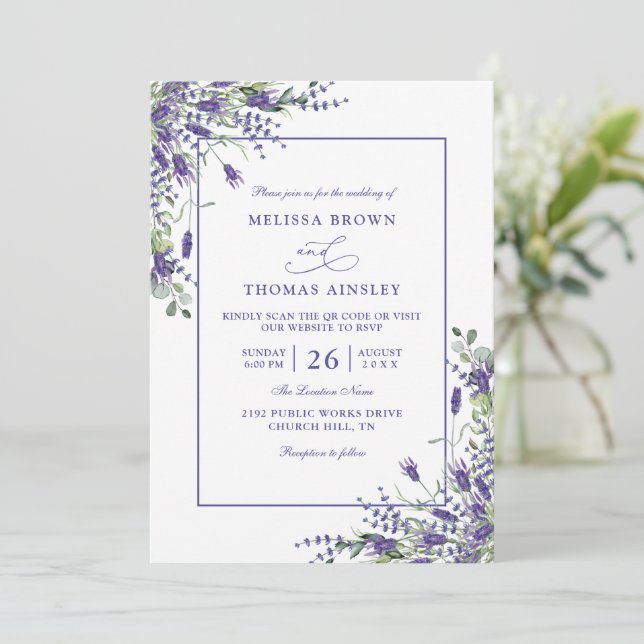 Convite Formal Lavender Eucalyptus Budget QR Code Wedding (Em pé/Frente)