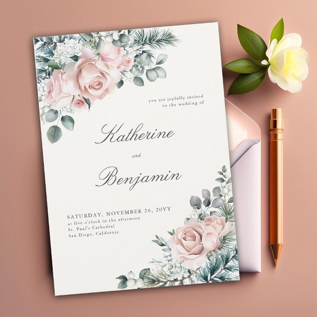 Convite Formal Moderno Clássico de inverno Rosas Elegante  (elegant winter wedding invitation blush roses foliage floral frame formal traditional calligraphy)