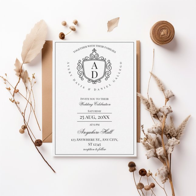 Convite Formal Ornate Crest Monogram Wedding Invitation (Criador carregado)