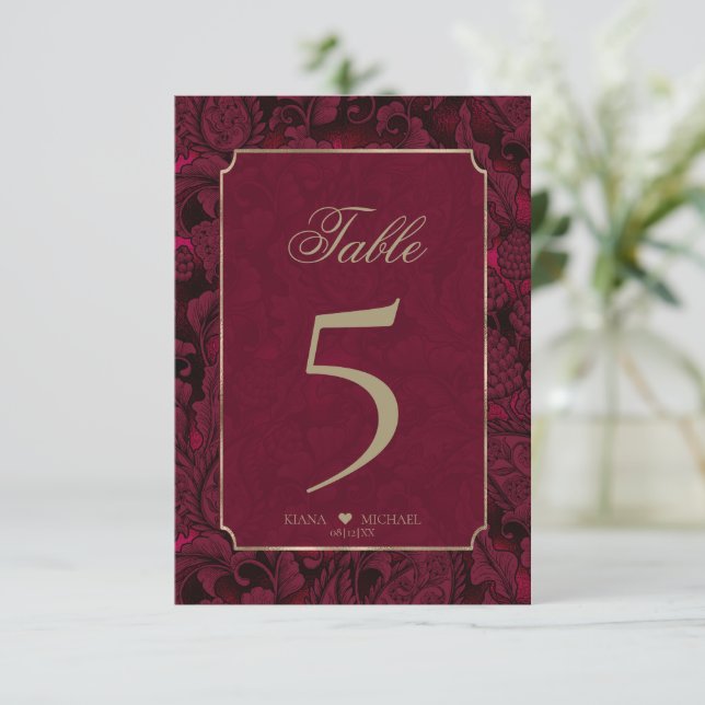 Convite Formal Paisley Table Numbers Burgundy ID767 (Em pé/Frente)